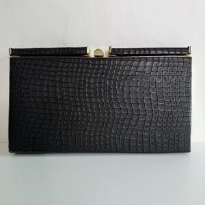 Faux Black Crocodile Embossed Framed Slim Wallet Clutch with Gold Tone Hardware